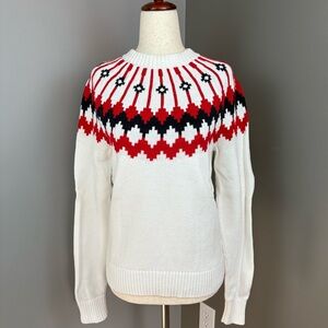 J Crew Factory 100% Cotton Fair Isle Knit Sweater S White Red Navy Crew Neck
